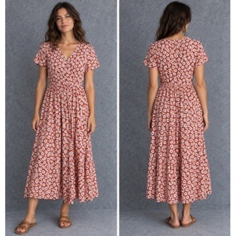 Madewell Daisy Faux Wrap Midi Dress XS Rust Red Floral Short Sleeve Viscose